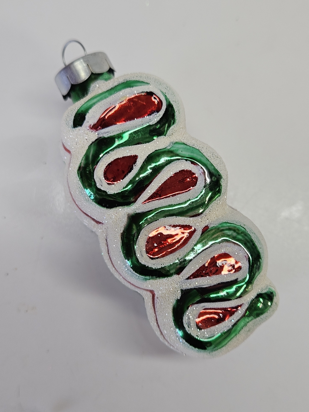 VINTAGE Rauch Red & Green Christmas Ribbon Candy Glitter Glass Ornament